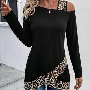 Cold-Shoulder Black Top with Leopard Trim
